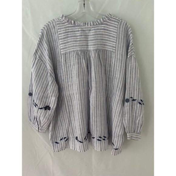 J Jill Love Linen Blue Striped‎ Embroidered Ruffle Neck Blouse Top Petite - Picture 3 of 3